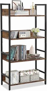 vanspace bookshelf 4 tier industrial bookcase rustic wood and metal standing bookshelf with back panel book shelf for bedroom, home office storage rack shelf, rustic brown