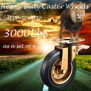 8" Casters Set of 4 Heavy Duty Plate Casters 8 Inch Swivel Industrial Rubber Wheels for Cart Furniture and Workbench Locking Outdoor Dolly Castors Replacement Load 3000Lbs (Free Bolts Nuts and Screws)