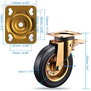 8" Casters Set of 4 Heavy Duty Plate Casters 8 Inch Swivel Industrial Rubber Wheels for Cart Furniture and Workbench Locking Outdoor Dolly Castors Replacement Load 3000Lbs (Free Bolts Nuts and Screws)