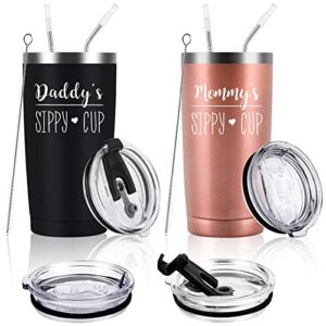 gtmileo daddys and mommys sippy cup stainless steel insulated travel tumbler set, mothers day fathers day christams birthday gifts for dad mom new parents papa mama anniversary(20oz, rose gold&black)