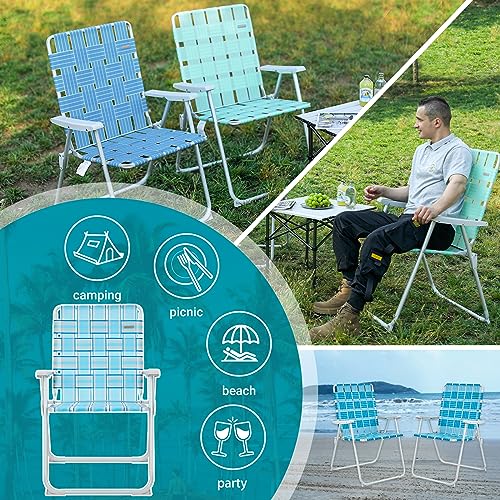 #WEJOY Anti-tip Over Folding Webbed Lawn Chair, Oversized 17-in High Beach Chair for Adults Heavy Duty,Aluminum High Seat Camping Chair for Elder Outdoor Garden Park Backyard(Grey/Blue)