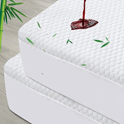 Twin Mattress Protector Waterproof 2 Pack Cooling Twin Size Mattress Cover, 3D Air Smooth Soft Bamboo Mattress Protector, Breathable Noiseless Bed Mattress Pad, Fitted 8-18 inch Deep Pocket