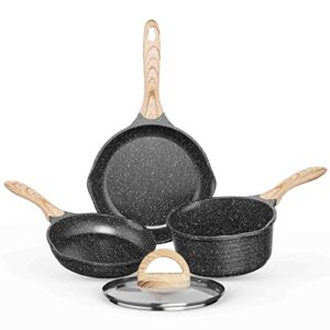 jeetee pots and pans set nonstick, induction granite coating cookware sets 4 pieces with frying pan, saucepan, pfoa free, (grey, 4pcs cookware set)