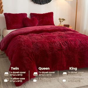 MEGO Luxury Shaggy Faux Fur Duvet Cover Set, Ultra Soft 3 PCS Fluffy Comforter Cover, Fuzzy Bedding Set King Size Quilt Cover(1 Plush Furry Duvet Cover + 2 Pillowcases), Zipper Closure(King, Red)