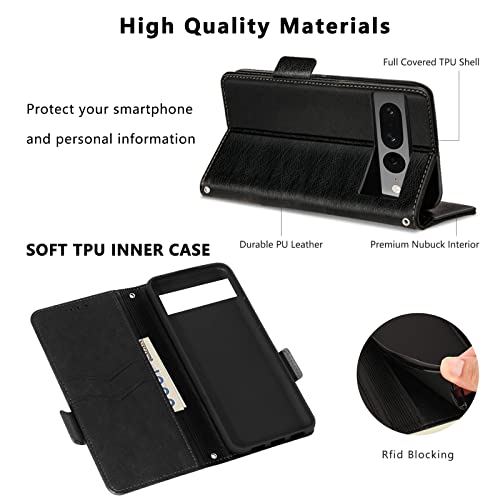 For Google Pixel 7 Pro Case, Magnetic Leather Card Slots Pixel 7 Pro Wallet Phone Case, Flip Silicone TPU Bumper Protective Cover with Kickstand, Shockproof folio Book Case for Pixel 7 Pro Black