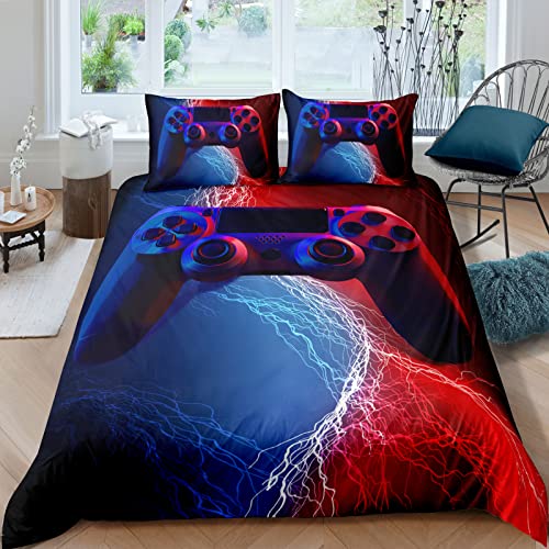 Gamer Duvet Cover Set Queen, 3 Pieces Blue and Red Gaming Bedding Set for Boys Kids, Video Games Comforter Cover Set with Zipper Closure, Soft Microfiber Duvet Cover Set Queen 90"x90"(Not Comforter)