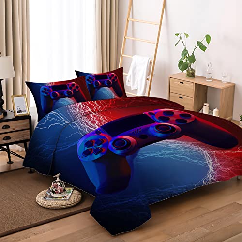 Gamer Duvet Cover Set Queen, 3 Pieces Blue and Red Gaming Bedding Set for Boys Kids, Video Games Comforter Cover Set with Zipper Closure, Soft Microfiber Duvet Cover Set Queen 90"x90"(Not Comforter)