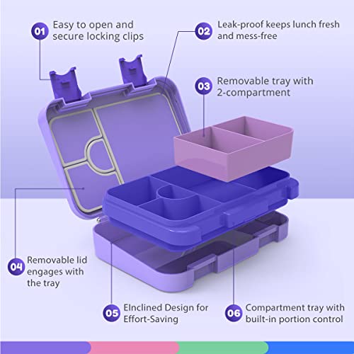 Caperci Versatile Kids Bento Lunch Box - Leakproof 6-Compartment Children's Lunch Container with Removable Compartment - Ideal Portions for Ages 3 to 7, BPA-Free Materials (Purple)