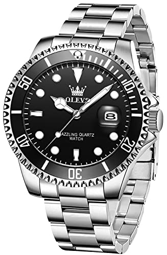 OLEVS Mens Watch Stainless Steel Big Face Silver Black Casual Dress Wrist Watch Quartz Analog Day Date Waterproof Luminous