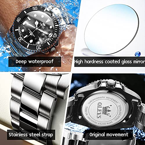 OLEVS Mens Watch Stainless Steel Big Face Silver Black Casual Dress Wrist Watch Quartz Analog Day Date Waterproof Luminous