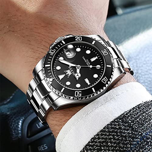 OLEVS Mens Watch Stainless Steel Big Face Silver Black Casual Dress Wrist Watch Quartz Analog Day Date Waterproof Luminous