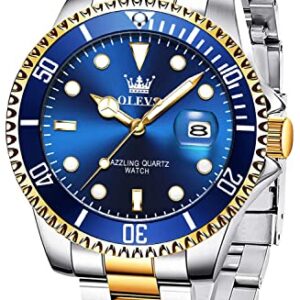 OLEVS Mens Watch Stainless Steel Big Face Blue Casual Dress Wrist Watch Quartz Analog Day Date Waterproof Luminous