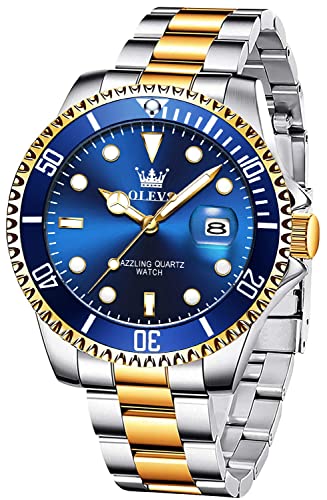 OLEVS Mens Watch Stainless Steel Big Face Blue Casual Dress Wrist Watch Quartz Analog Day Date Waterproof Luminous