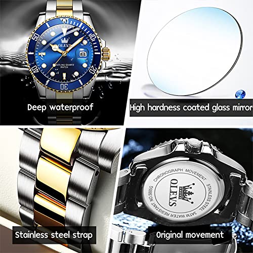 OLEVS Mens Watch Stainless Steel Big Face Blue Casual Dress Wrist Watch Quartz Analog Day Date Waterproof Luminous