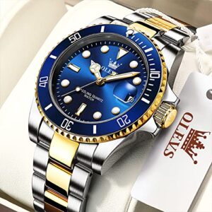 OLEVS Mens Watch Stainless Steel Big Face Blue Casual Dress Wrist Watch Quartz Analog Day Date Waterproof Luminous