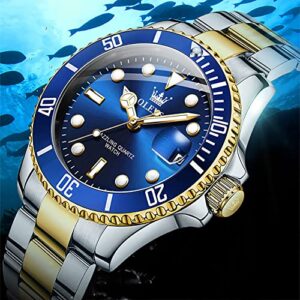 OLEVS Mens Watch Stainless Steel Big Face Blue Casual Dress Wrist Watch Quartz Analog Day Date Waterproof Luminous