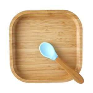 nouribite bamboo suction square plate and spoon set for baby/toddler, 6 months+ (aqua)