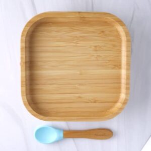 Nouribite Bamboo Suction Square Plate and Spoon Set for Baby/Toddler, 6 months+ (Aqua)