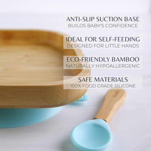 Nouribite Bamboo Suction Square Plate and Spoon Set for Baby/Toddler, 6 months+ (Aqua)