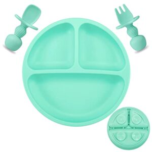 pandaear silicone suction plate for baby| divided unbreakable toddler plate baby food plate with spoon and fork, non-slip, non-toxic, bpa free, dishwasher and microwave safe (green)