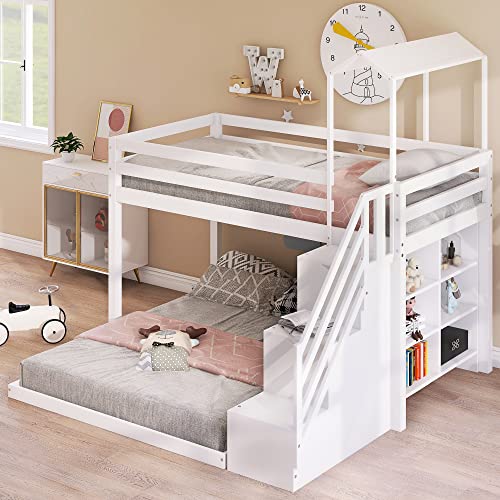 Harper & Bright Designs Twin Over Full Bunk Bed, Wood House Roof Bunk Bed Frame with Staircase and Shelves, Bedroom Furniture (White, Twin/Full)