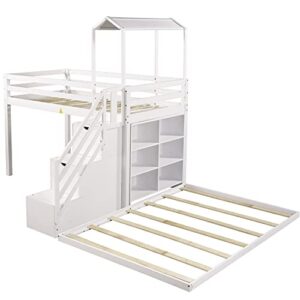 Harper & Bright Designs Twin Over Full Bunk Bed, Wood House Roof Bunk Bed Frame with Staircase and Shelves, Bedroom Furniture (White, Twin/Full)