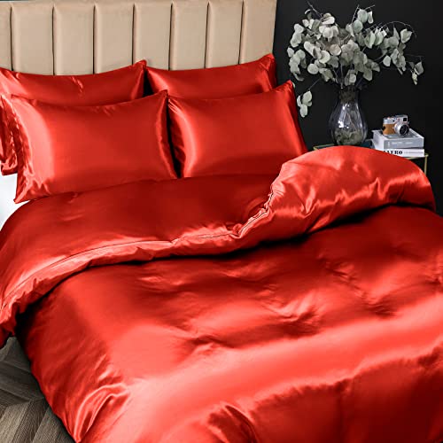 P Pothuiny 5 Pieces Satin Duvet Cover King Size Set, Luxury Silky Like Red Duvet Cover Bedding Set with Zipper Closure, 1 Duvet Cover + 4 Pillow Cases (No Comforter)