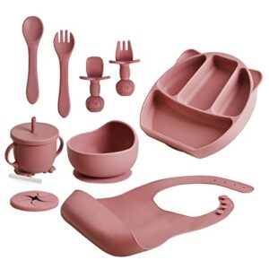 pink baby feeding set – baby feeding supplies set with bib, sippy cup, first stage toddler utensils, suction bowl, divided plate, baby spoon and fork – food-grade silicone baby led weaning supplies