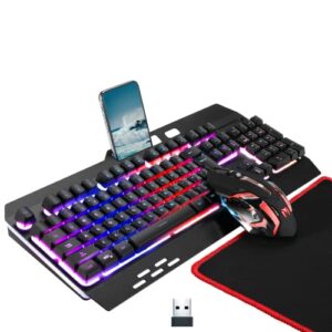wireless rgb backlit gaming keyboard and mouse, rechargeable, long battery life, metal panel mechanical feel keyboard with palm rest, 7 color mouse and mouse pad for game and work