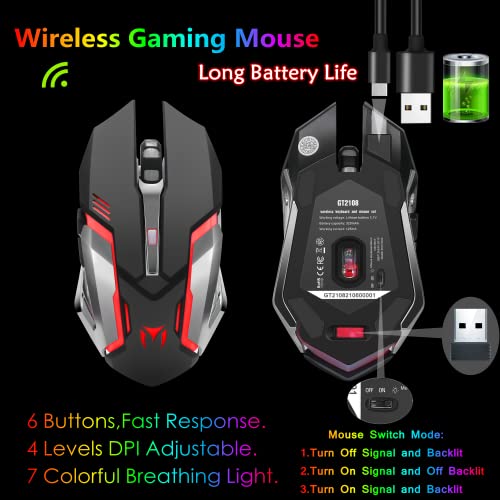 Wireless RGB Backlit Gaming Keyboard and Mouse, Rechargeable, Long Battery Life, Metal Panel Mechanical Feel Keyboard with Palm Rest, 7 Color Mouse and Mouse Pad for Game and Work