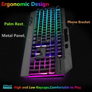 Wireless RGB Backlit Gaming Keyboard and Mouse, Rechargeable, Long Battery Life, Metal Panel Mechanical Feel Keyboard with Palm Rest, 7 Color Mouse and Mouse Pad for Game and Work