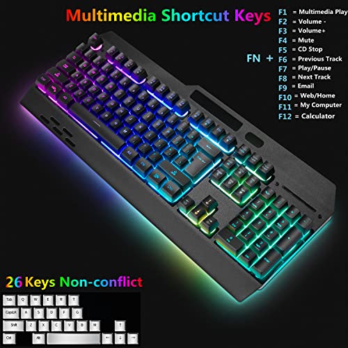 Wireless RGB Backlit Gaming Keyboard and Mouse, Rechargeable, Long Battery Life, Metal Panel Mechanical Feel Keyboard with Palm Rest, 7 Color Mouse and Mouse Pad for Game and Work