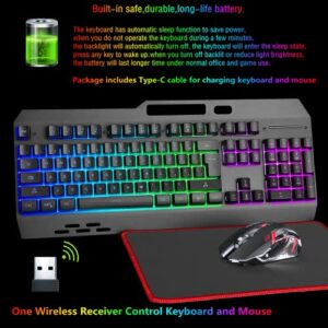 Wireless RGB Backlit Gaming Keyboard and Mouse, Rechargeable, Long Battery Life, Metal Panel Mechanical Feel Keyboard with Palm Rest, 7 Color Mouse and Mouse Pad for Game and Work