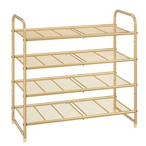 simple trending 4-tier stackable shoe rack, expandable & adjustable shoe organizer storage shelf, wire grid, golden yellow