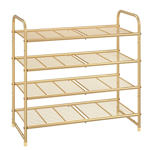 Simple Trending 4-Tier Stackable Shoe Rack, Expandable & Adjustable Shoe Organizer Storage Shelf, Wire Grid, Golden Yellow