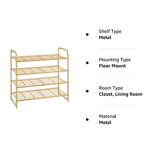 Simple Trending 4-Tier Stackable Shoe Rack, Expandable & Adjustable Shoe Organizer Storage Shelf, Wire Grid, Golden Yellow