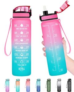 enerbone 32 oz water bottle, leakproof bpa & toxic free, motivational water bottle with times to drink and straw, fitness sports water bottle with strap for office, gym, outdoor sports, pink-green
