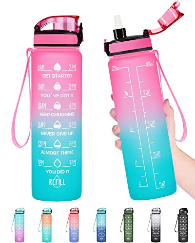 Enerbone 32 oz Water Bottle, Leakproof BPA & Toxic Free, Motivational Water Bottle with Times to Drink and Straw, Fitness Sports Water Bottle with Strap for Office, Gym, Outdoor Sports, Pink-Green