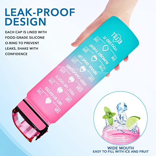 Enerbone 32 oz Water Bottle, Leakproof BPA & Toxic Free, Motivational Water Bottle with Times to Drink and Straw, Fitness Sports Water Bottle with Strap for Office, Gym, Outdoor Sports, Pink-Green
