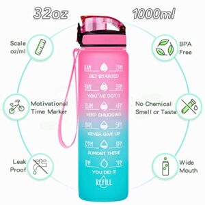 Enerbone 32 oz Water Bottle, Leakproof BPA & Toxic Free, Motivational Water Bottle with Times to Drink and Straw, Fitness Sports Water Bottle with Strap for Office, Gym, Outdoor Sports, Pink-Green