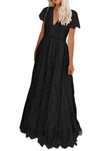 prettygarden women's floral lace maxi dress 2023 short sleeve v neck bridesmaid wedding evening party dresses(black,x-large)