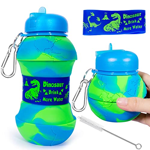 Dinosaur Water Bottle for Kids Toddler Boys 19oz 550ml Collapsible Silicone Foldable Bpa Free Leakproof Sports Water Jugs for School Sports Travel with Flip Spout Christmas Birthday Gifts Green Blue