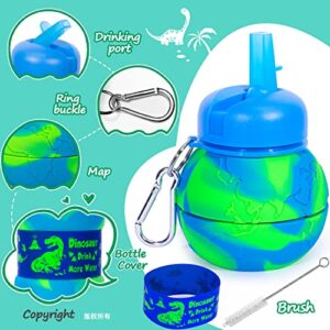 Dinosaur Water Bottle for Kids Toddler Boys 19oz 550ml Collapsible Silicone Foldable Bpa Free Leakproof Sports Water Jugs for School Sports Travel with Flip Spout Christmas Birthday Gifts Green Blue