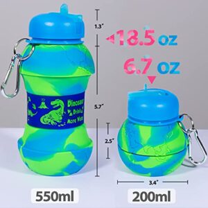 Dinosaur Water Bottle for Kids Toddler Boys 19oz 550ml Collapsible Silicone Foldable Bpa Free Leakproof Sports Water Jugs for School Sports Travel with Flip Spout Christmas Birthday Gifts Green Blue