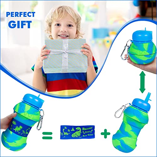 Dinosaur Water Bottle for Kids Toddler Boys 19oz 550ml Collapsible Silicone Foldable Bpa Free Leakproof Sports Water Jugs for School Sports Travel with Flip Spout Christmas Birthday Gifts Green Blue