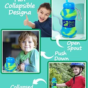 Dinosaur Water Bottle for Kids Toddler Boys 19oz 550ml Collapsible Silicone Foldable Bpa Free Leakproof Sports Water Jugs for School Sports Travel with Flip Spout Christmas Birthday Gifts Green Blue