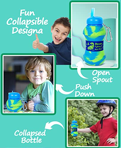 Dinosaur Water Bottle for Kids Toddler Boys 19oz 550ml Collapsible Silicone Foldable Bpa Free Leakproof Sports Water Jugs for School Sports Travel with Flip Spout Christmas Birthday Gifts Green Blue