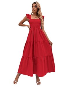 makemechic women's summer boho dress floral print spaghetti strap square neck shirred maxi dress beach sun dress solid red l