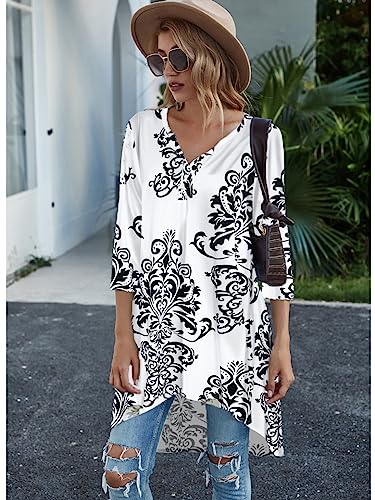 Naggoo Womens 3/4 Sleeve V Neck Button Casual Loose Flowy Swing Tunic Tops Basic Tee Shirts for Leggings L White