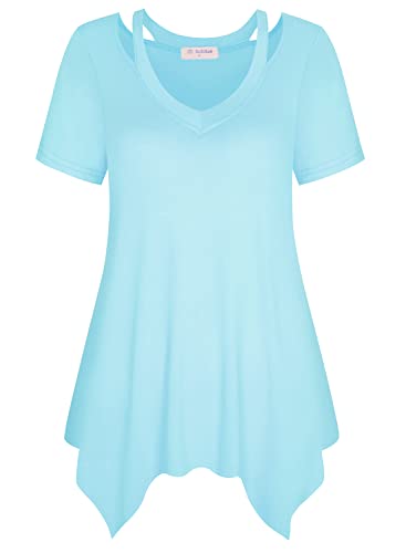 Bulotus Plus Size Tops for Women Casual Summer, V Neck Tops for Women Casual Summer Tunic Tops for Leggings for Women, Light Blue, XXX-Large